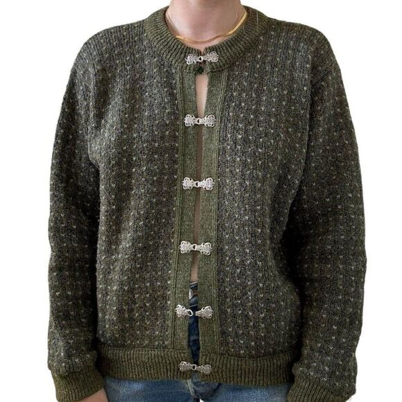 Vintage LL Bean Olive Green Wool Blend Birdseye Made in Norway Cardigan Sz M - Picture 3 of 9